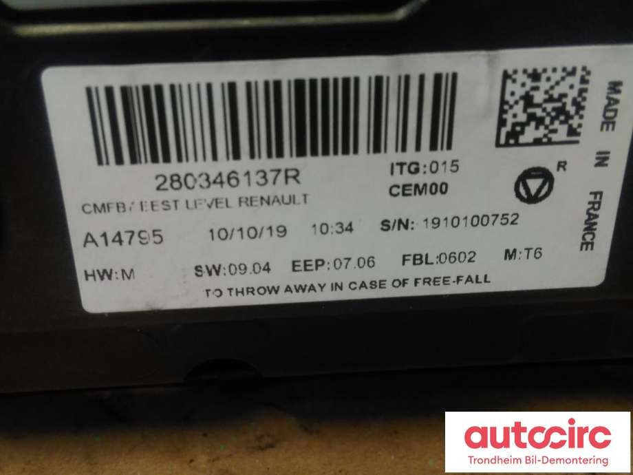 Multimedia display (MCU - Media Controller Unit) til Renault Zoe 2019-->> (Fase 2)  (VALEO|280346137R|A14795|)