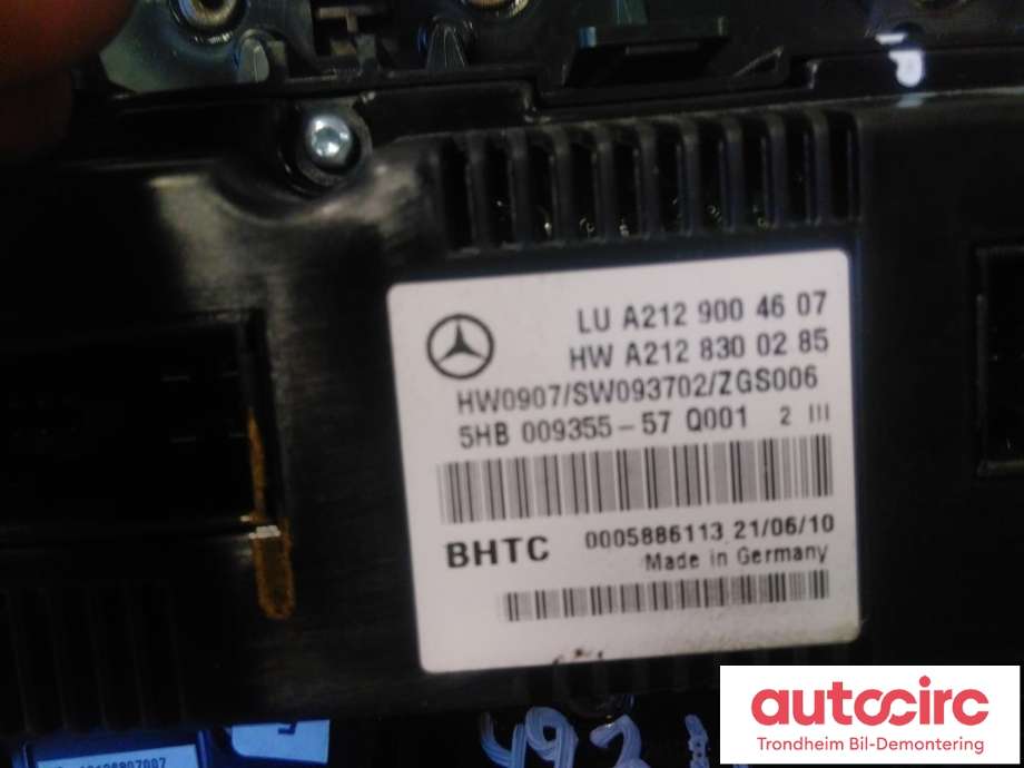 Varmeapparat betjening til Mercedes E-Klasse 2009-2013 (Fase 1) (W212) (W212) (BHTC|A2129004607|A2129009109|A2129008608| 5HB009355-57)
