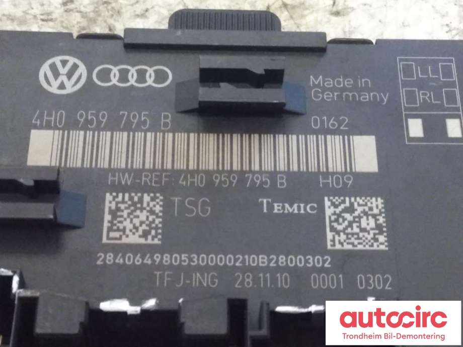 Styreenhet dør venstre bak til Audi A8 2010-2013 (Type III, Fase 1)  (TEMIC|4H0959795B|4H0959795A|)