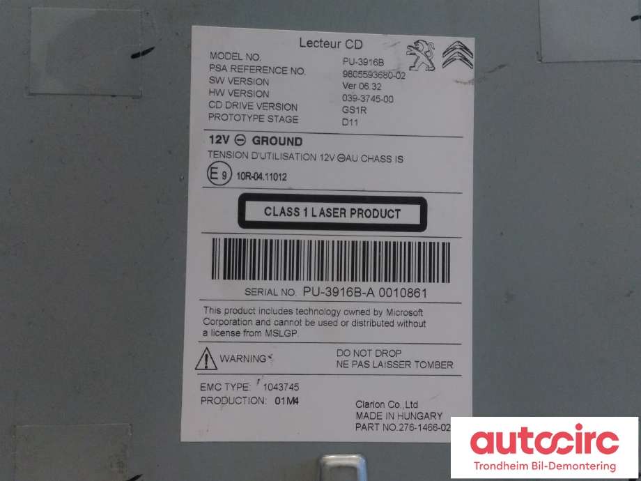 Bilstereo CD-veksler til Peugeot 308 2013-2021 (Type II) (CLARION CO.|9805593680|1610916280|1629118180)