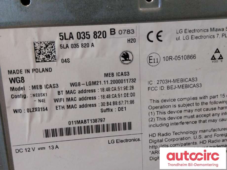 Bilstereo navigasjon spiller til Škoda Enyaq 2021-->>  (LG ELECTRONICS|5LA035820B|5LA035820C|5LA 035 820 C| 5LA 035 820 B| MEBICAS3)