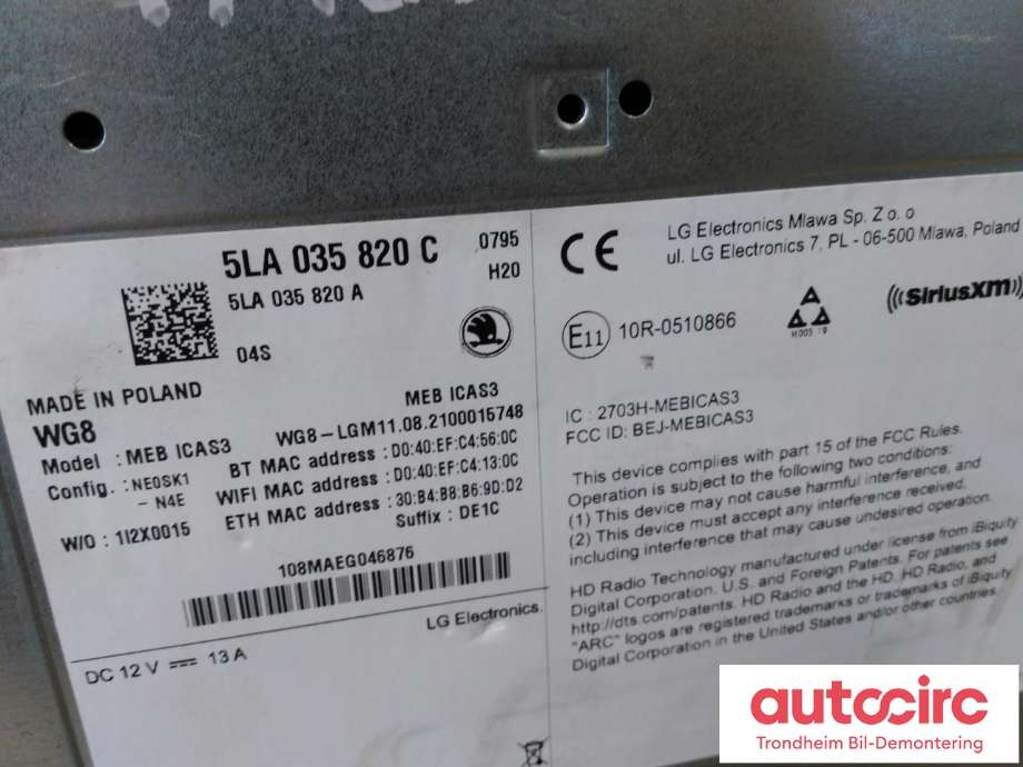 Bilstereo navigasjon spiller til Škoda Enyaq 2021-->> (LG ELECTRONICS|5LA035820C|5LA 035 820 C|MEBICAS3)
