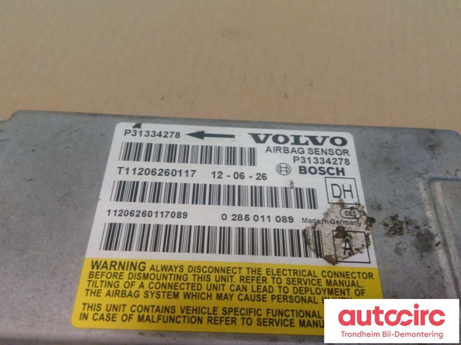 Styreenhet airbag hovedsensor til Volvo XC70 2008-2013 (Type II, Fase 1)  (BOSCH|31334278|0285011089|31387019)