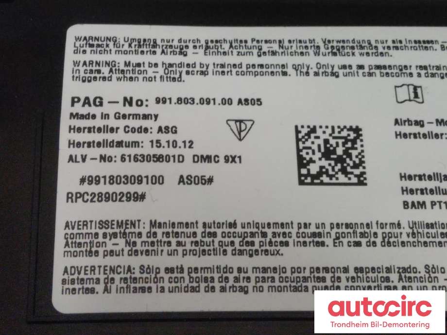 Airbag gardin venstre til Porsche 911 2012-2019 (991) (991) (AUTOLIV|99180309100|99180309106|)