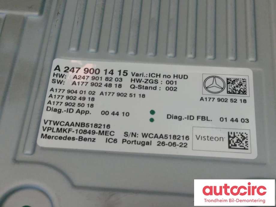 Styreenhet instrument til Mercedes EQA 2021-->>  (VISTEON|A2479001415|A 247 900 14 15|)
