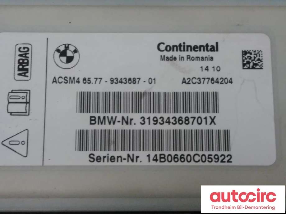 Styreenhet airbag hovedsensor til BMW M5 2011-2017 (F10) (F10) (CONTINENTAL|65779343687|65777911607|A2C37764204)