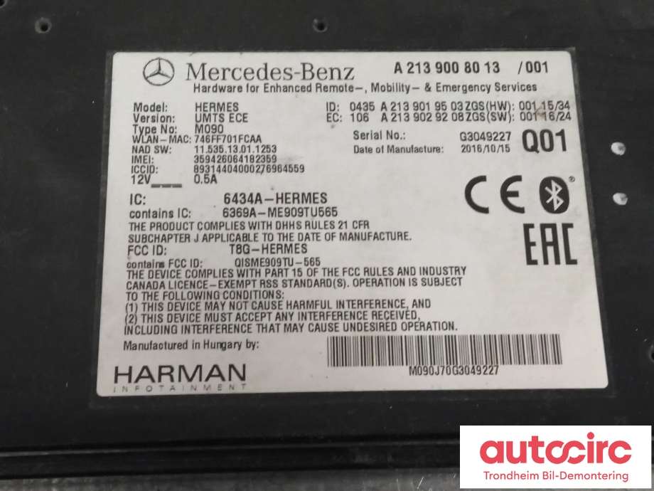 Styreenhet bluetooth til Mercedes E-Klasse 2016-2023 (W213) (W213) (HARMAN KARDON|A2139008013|A2139003617| A2229007221)