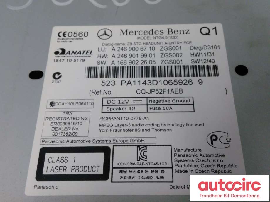 Bilstereo navigasjon til Mercedes A-Klasse 2012-2018 (W176) (W176) (PANASONIC AUTOMOTIVE|A2469006710|A2469000516|A 246 900 05 16| A 246 900 67 10| CQ-JP52F1AEB)