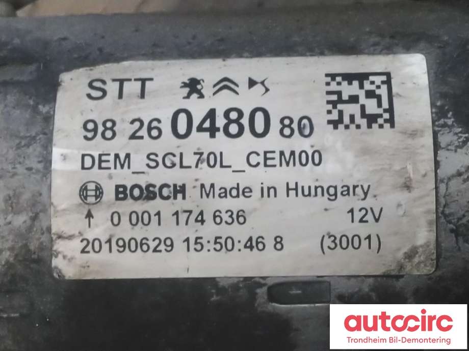 Starter diesel til Peugeot Boxer 2014-->> (Type III, Fase 2)  (BOSCH|9826048080|1638028580|0001174636)