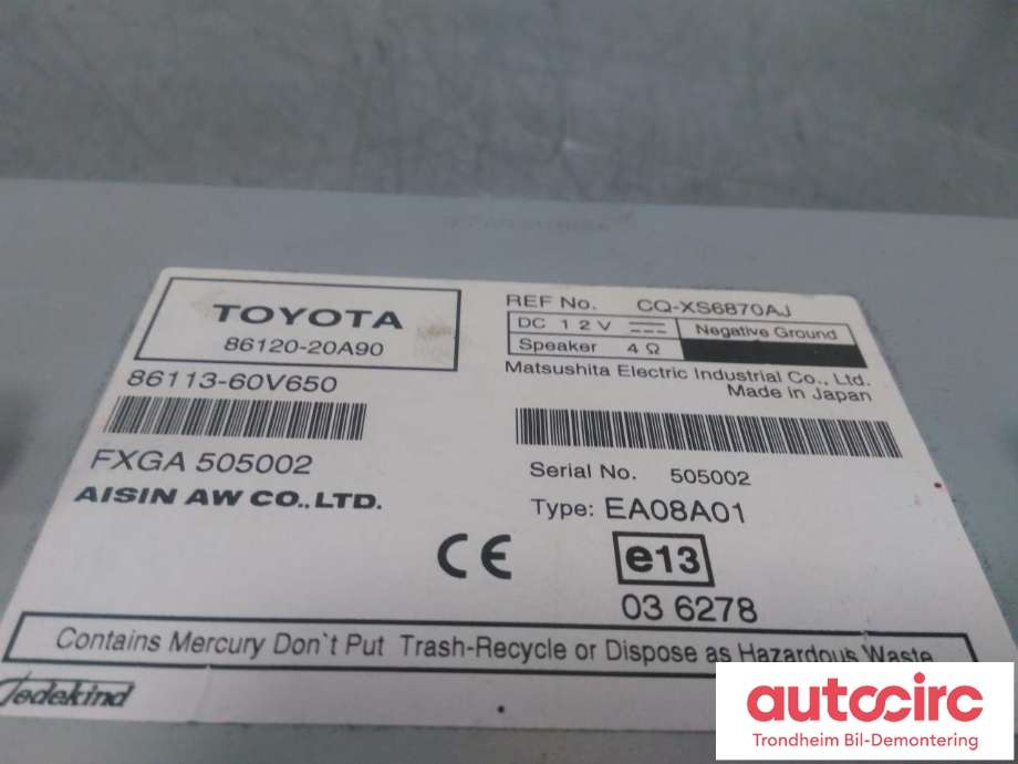 Bilstereo navigasjon til Toyota Avensis 2009-2015 (Type III, Fase 1) (...|8612020A90|)