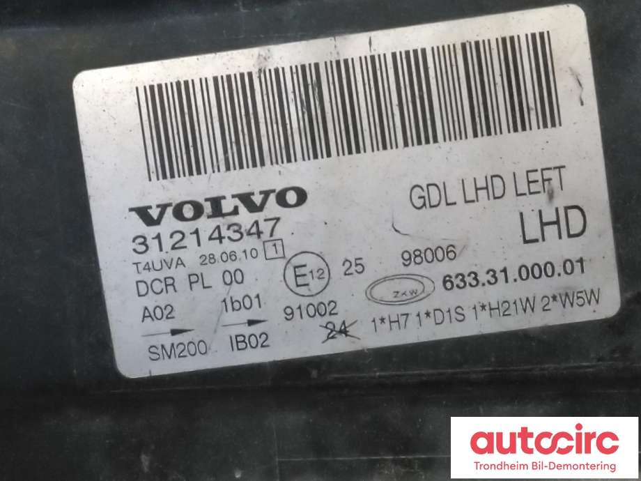 Frontlykt venstre xenon til Volvo S80 2006-2013 (Type II, Fase 1)  (..|31214347|31214319|)