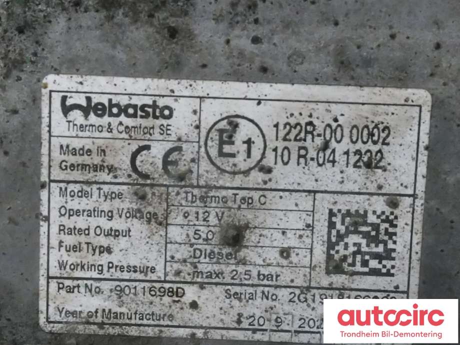 Dieselvarmer til Peugeot Boxer 2014-->> (Type III, Fase 2)  (WEBASTO|1343015080|6462V4|)