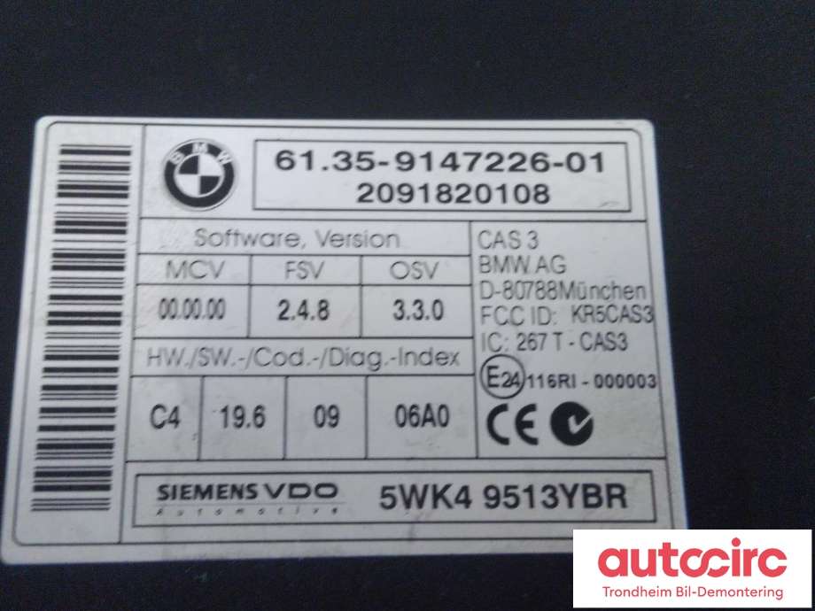 Styreenhet diverse til BMW 3-Serie 2005-2011 (E90/E91/E92/E93) (E90/E91/E92/E93) (SIEMENS-VDO|61359147226|9395657|61359395657)