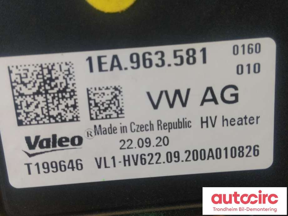 Varmeapparat PTC-heater til VW ID.3 2020-->>  (VALEO|1EA963581|1EA963581C|1EA963581F| 1EA 963 581 C| 1EA 963 581 F| 1EA 963 581| T199646)