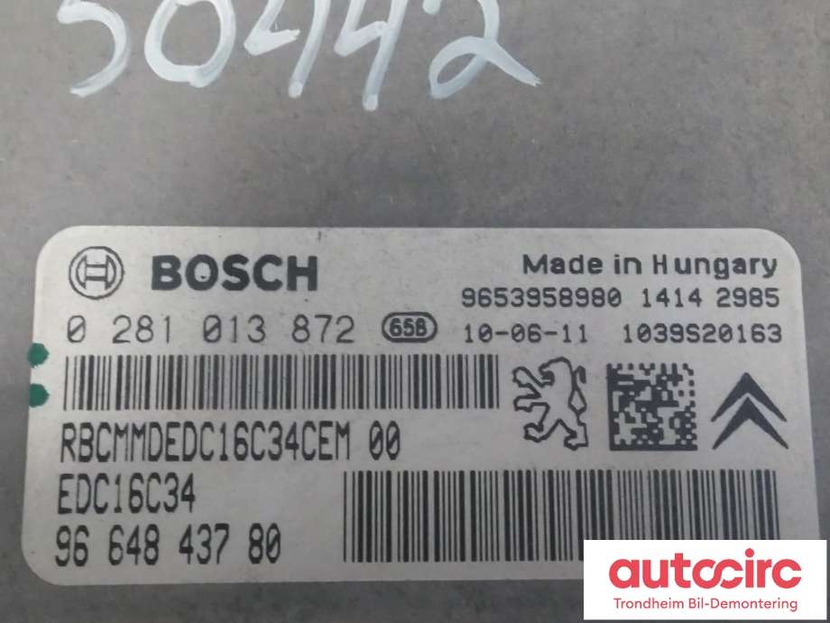 Styreenhet motor til Peugeot Partner 2008-2015 (Type II, Fase 1) (BOSCH|9664843780|1943J3|1677615580| 1943 J4| 0281013872)