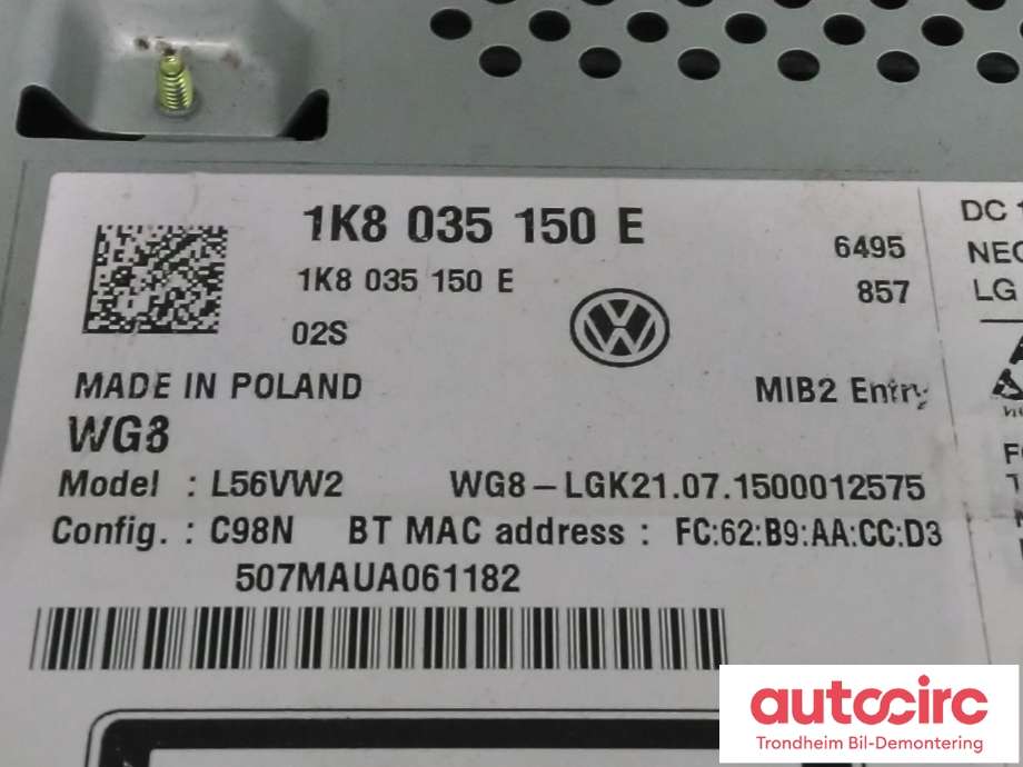 Bilstereo til VW Caddy 2015-2020 (Type III, Fase 3) (..|1K8035150E|1K8 035 150 E|)