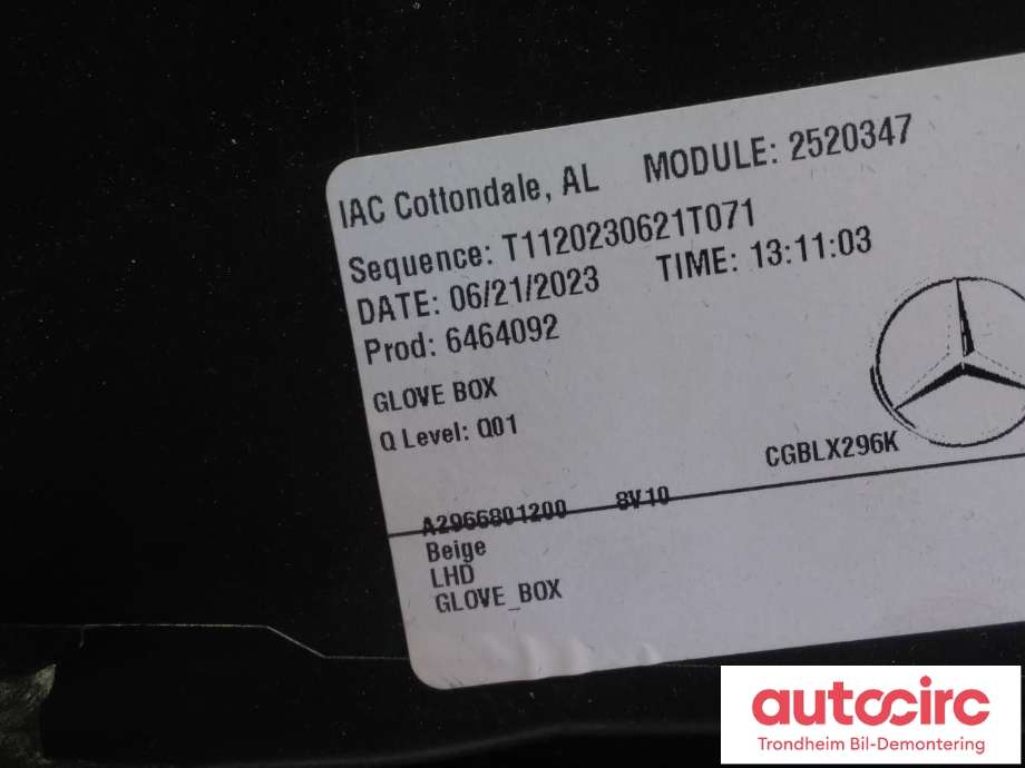 Hanskerom til Mercedes EQS SUV 2022-->> (X296) (X296) (..|A2966801200|A 296 680 12 00|)