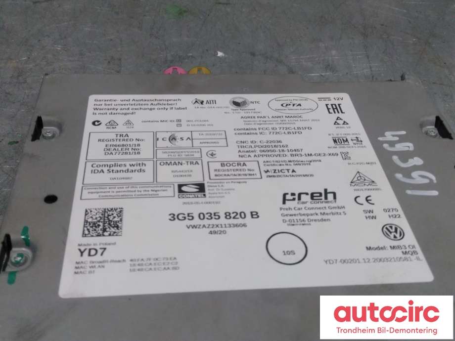 Bilstereo navigasjon til VW T-Roc 2017-->>  (PREH|3G5035820B|3G5 035 820 B|)