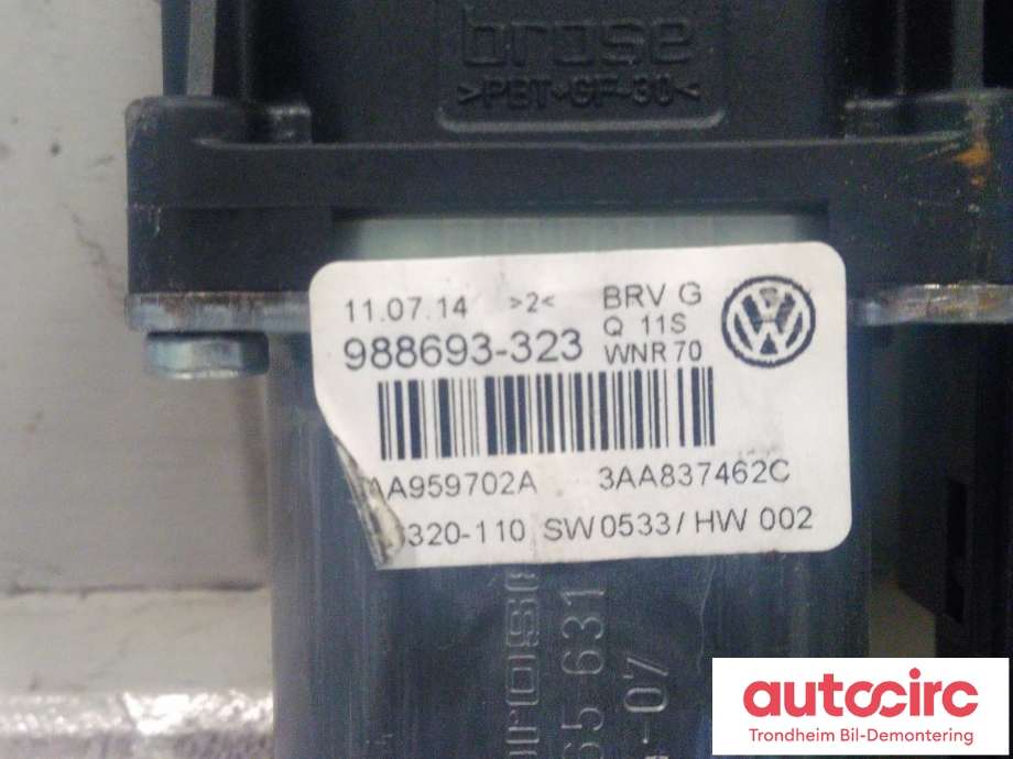 Ruteheis, kun motor, høyre foran til VW Passat 2011-2015 (B7) (B7) (BROSE|3AA959702A|3C0959792C|3AA 959 702 A| 3C0 959 792 C| 988693-323| 918434-110)
