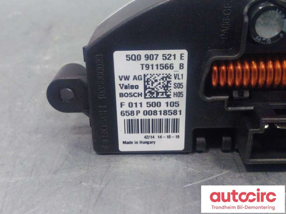 Varmeapparat motstand til Audi A3 2012-2016 (Type III, Fase 1)  (BOSCH|5Q0907521E|5Q0907521A|F011500105)