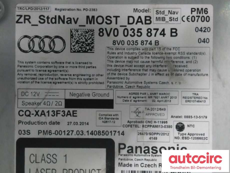 Bilstereo navigasjon til Audi A3 2012-2016 (Type III, Fase 1) (PANASONIC|8V0035874B|)