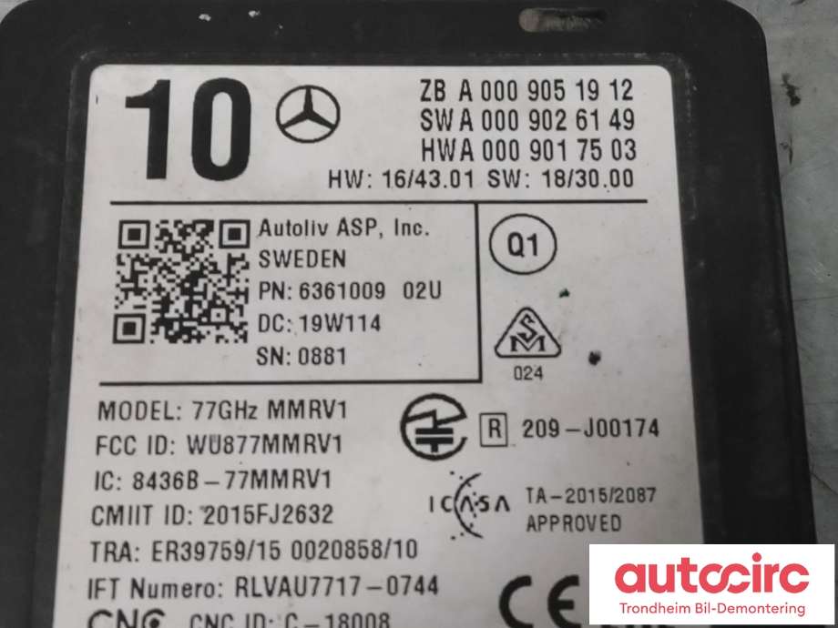 Sensor blindsone til Mercedes E-Klasse 2016-2023 (W213) (W213) (ANATEL|A0009051912|A0009054111|A 000 905 41 11| A 000 905 19 12)