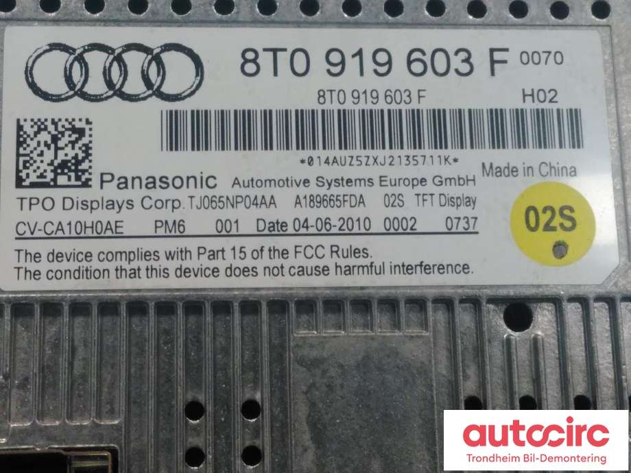 Bilstereo navigasjon skjerm til Audi A5 2007-2016 (Type I)  (PANASONIC|8T0919603F|8T0919603G|8T0919603E| 8T0 057 603 G| 8T0 057 603 E| 8T0 057 603 F| CV-CA10H0AE)