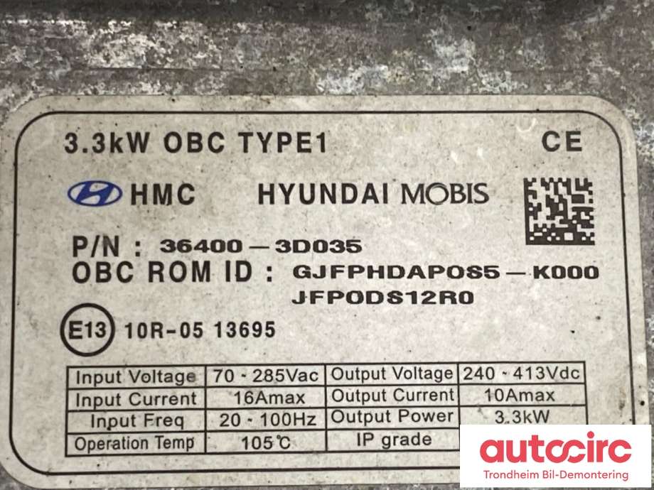 Batterilader (OBC - On Board Charger) til Kia Optima 2017-2020  (..|364003D035|36400-3D035|)