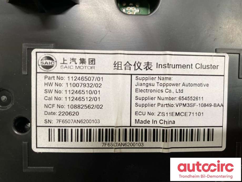 Instrumentpanel til MG ZS EV 2019-2021 (Type I, Fase 1)  (LES INFO|11246507|11246507/01|)