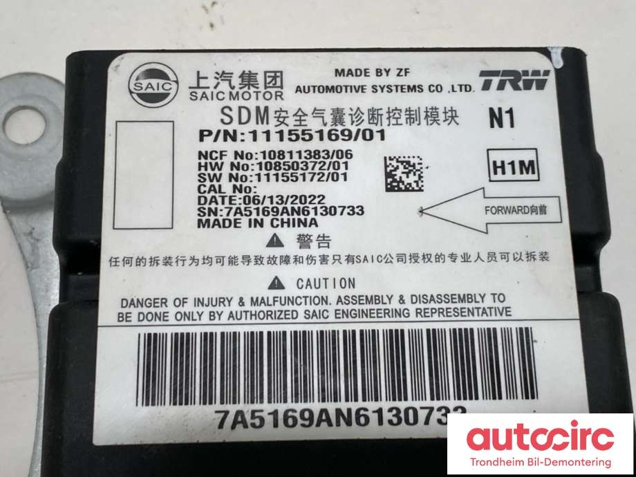 Styreenhet airbag hovedsensor til MG ZS EV 2019-2021 (Type I, Fase 1)  (TRW|11155169|11155169/01|)