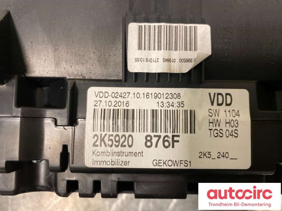 Instrumentpanel til VW Caddy 2015-2020 (Type III, Fase 3) (...|2K5920876F|2K5920876FX|)