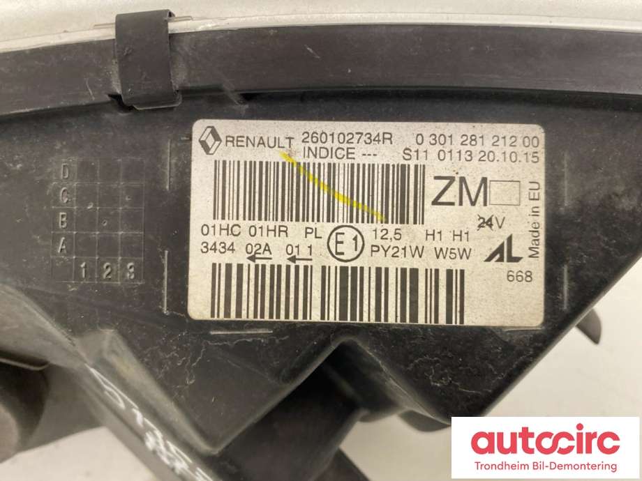 Frontlykt høyre halogen til Renault Captur 2013-2020 (Type I)  (AL|260102734R|030128121200)