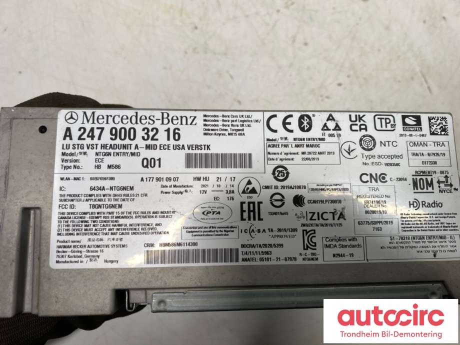 Bilstereo navigasjon til Mercedes EQA 2021-->>  (A 247 900 32 16|A 247 900 75 14|)