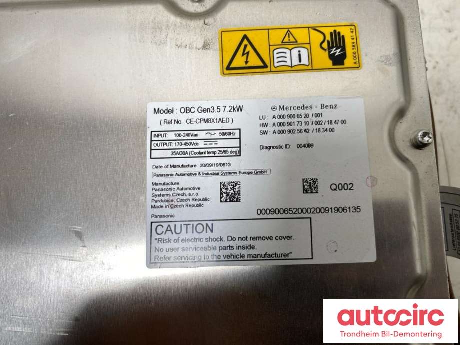 Batterilader (OBC - On Board Charger) til Mercedes CLA 2019-->> (C118) (C118) (PANASONIC AUTOMOTIVE|A0009006520|A 000 900 65 20|CE-CPM8X1AED)