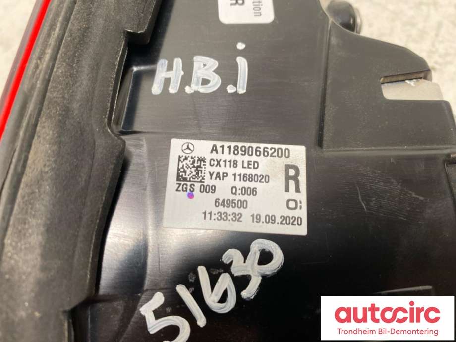 Baklykt høyre indre til Mercedes CLA 2019-->> (C118) (C118) (..|A1189066200|A 118 906 62 00|)
