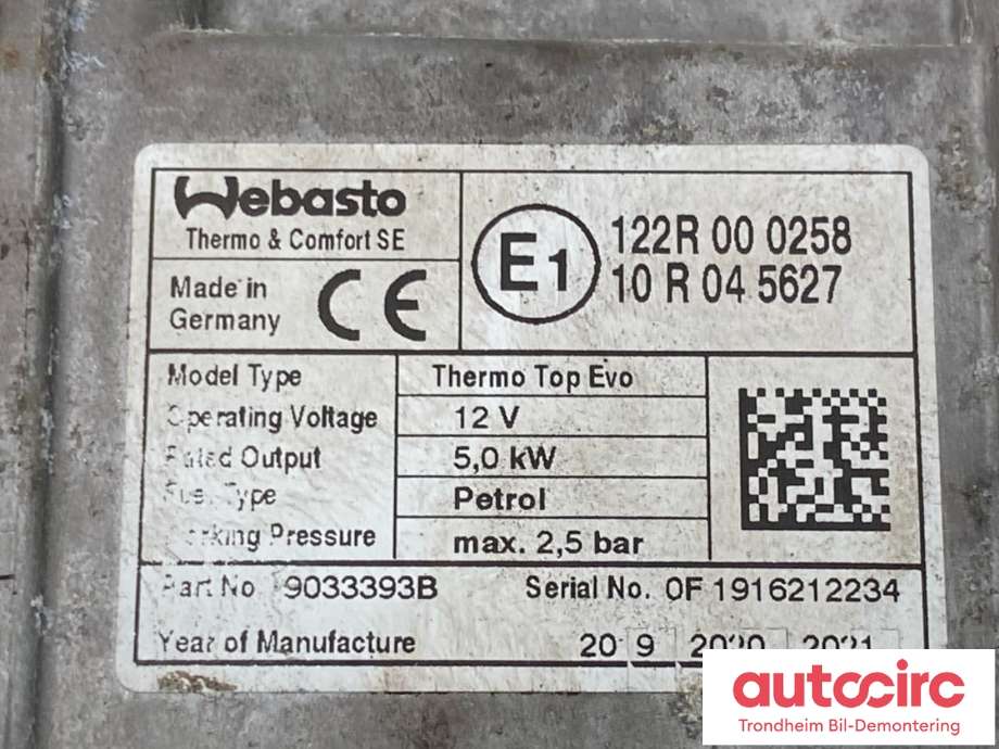 Bensinvarmer til VW Tiguan 2016-2020 (Type II, Fase 1)  (WEBASTO|5NA054965C|5QF 815 005 Q|5QF 815 005)