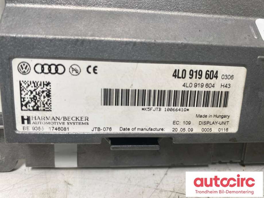 Bilstereo navigasjon skjerm til Audi A6, Allroad 2008-2011 (Type II, Fase 2) (C6) (C6) (HARMAN/BECKER|4L0919604|4L0 919 604|)