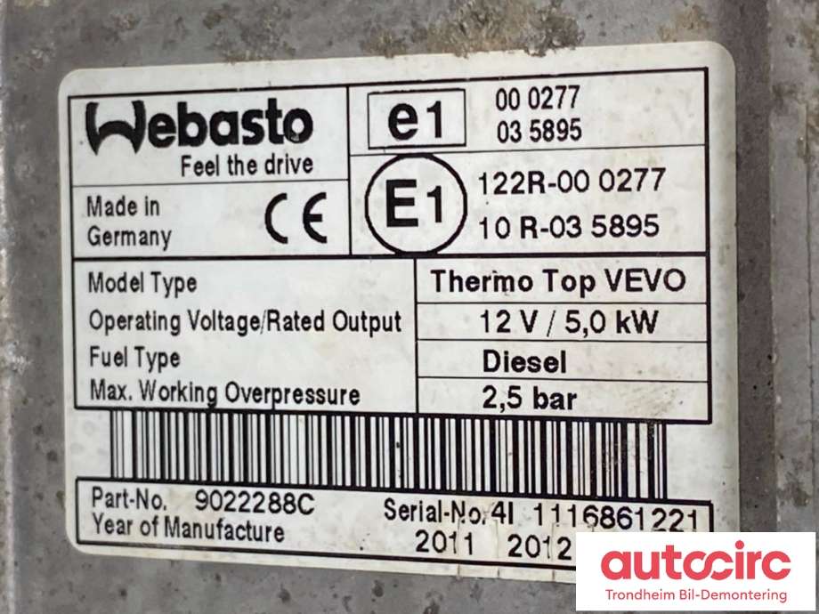 Dieselvarmer til Ford Mondeo 2011-2014 (Type IV, Fase 2)  (WEBASTO|2018714|AG9N-18K464-AG|9022288C)