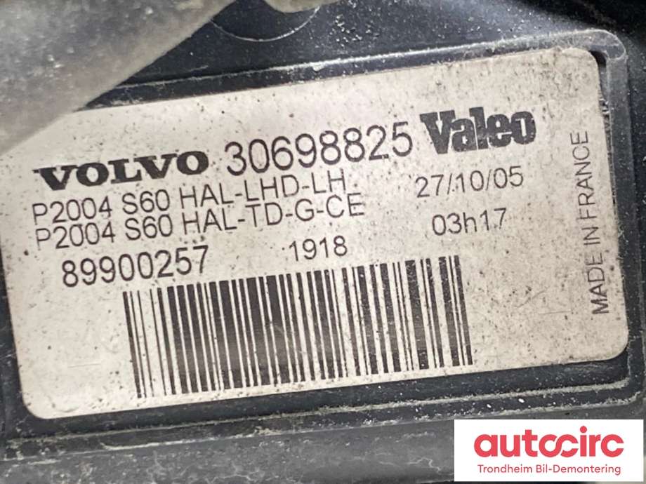 Frontlykt venstre halogen til Volvo S60 2005-2010 (Type I, Fase 2) (VALEO|30698825|)