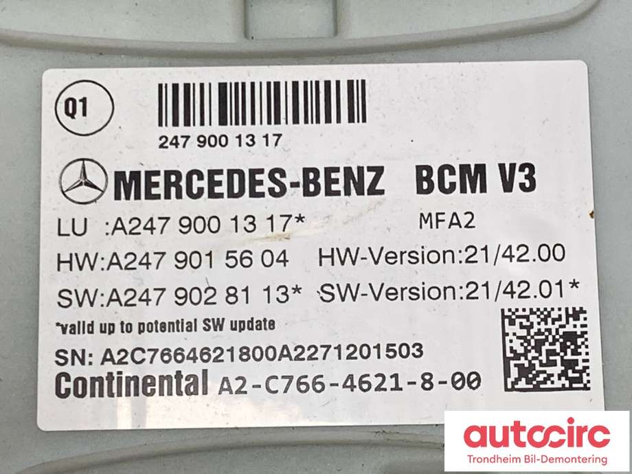 Styreenhet comfort (BCM) til Mercedes EQB 2022-->>  (A2479001317|A 247 900 93 18|)