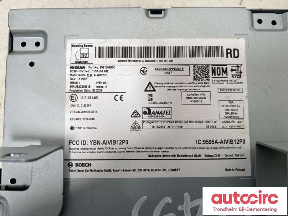 Bilstereo navigasjon skjerm til Nissan Leaf 2018-->> (Type II)  (..|259155SR0D|259155SR1B|)