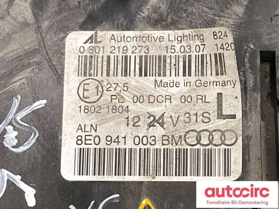 Frontlykt venstre xenon til Audi A4 2004-2008 (Type III) (B7) (B7) (AL|8E0 941 029 BM|)