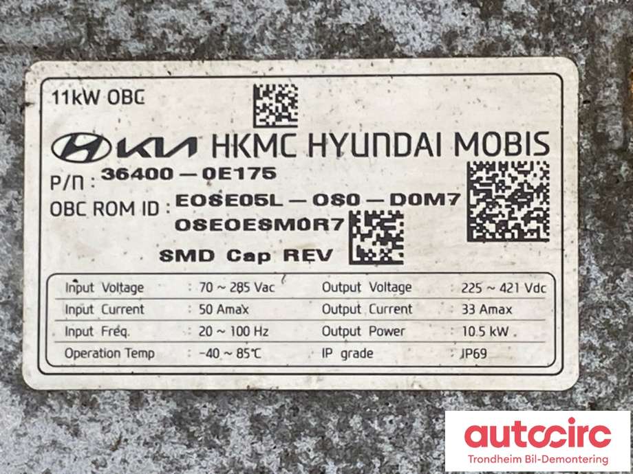 Batterilader (OBC - On Board Charger) til Hyundai Kona 2017-2021 (Type I, Fase 1) (MOBIS|364000E175|)
