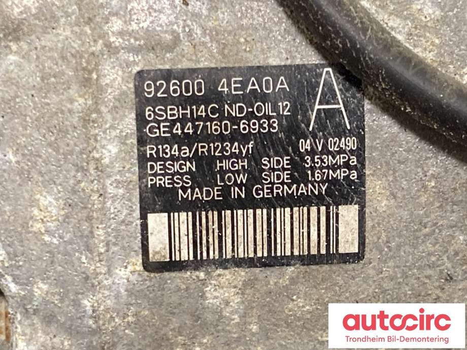Aircondition kompressor til Nissan Qashqai 2014-2021 (Type II)  (926004EA0A|)