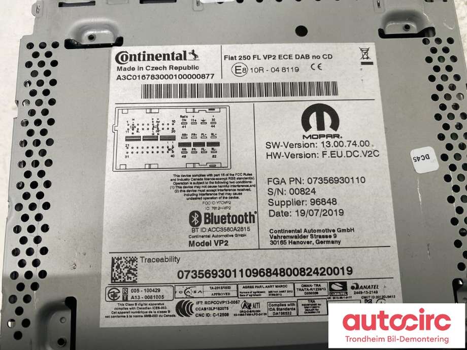 Bilstereo til Peugeot Boxer 2014-->> (Type III, Fase 2) (CONTINENTAL|1643213080|1638462380|07356930110|A2C81465001|)