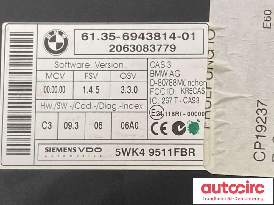 Styreenhet diverse til BMW 5-Serie 2003-2010 (E60/E61) (E60/E61) (SIEMENS|61.35-6943814-01|6135694381401|5WK49511FBR)