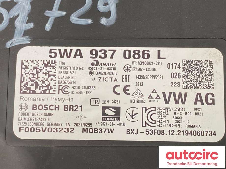 Styreenhet comfort (BCM) til VW Caddy 2020-->> (Type IV)  (BOSCH|5WA 937 086 N|5WA 937 086 L|)