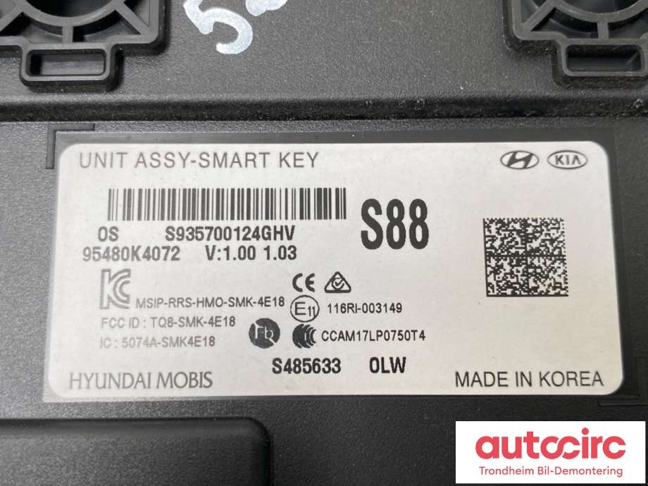Styreenhet nøkkelfri/keyless til Hyundai Kona 2017-2021 (Type I, Fase 1)  (..|95480-K4072|95480K4072|)