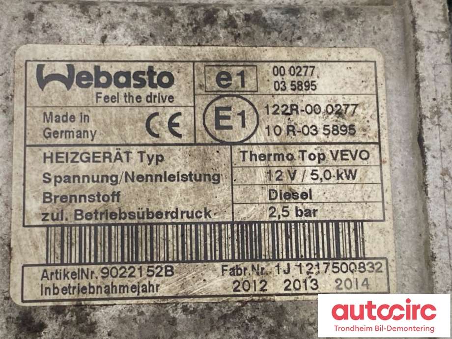 Dieselvarmer til VW Caddy 2010-2015 (Type III, Fase 2) (WEBASTO|1K0815071AN|)