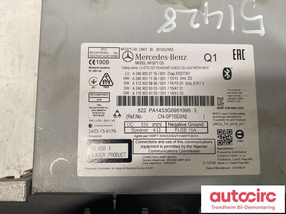 Bilstereo betjeningspanel til Mercedes B-Klasse, electric drive 2014-2018 (W242) (W242) (PANASONIC AUTOMOTIVE|A 246 900 27 18|A 246 900 74 18|A 246 900 78 18)